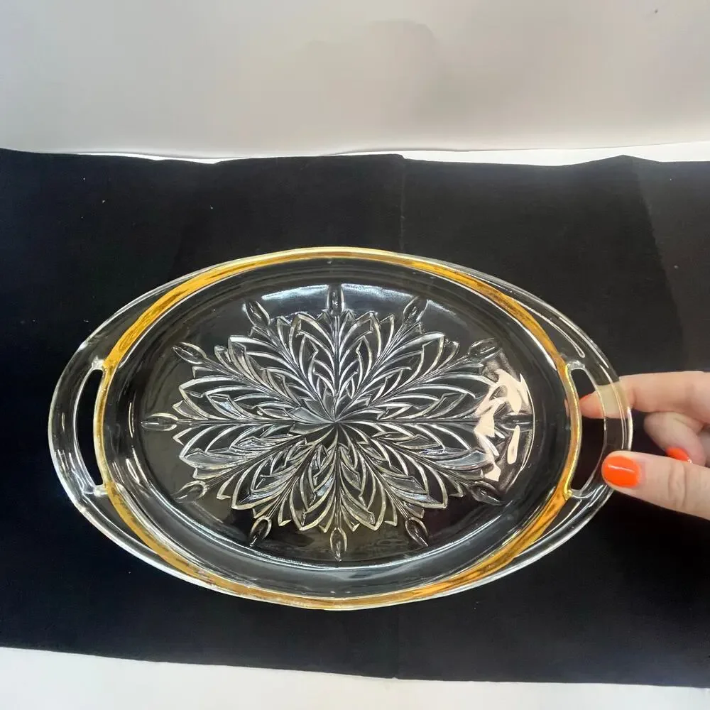 Vintage Jeannette glass feather gold rim tray 10.25x6.25 inches mcm elegant